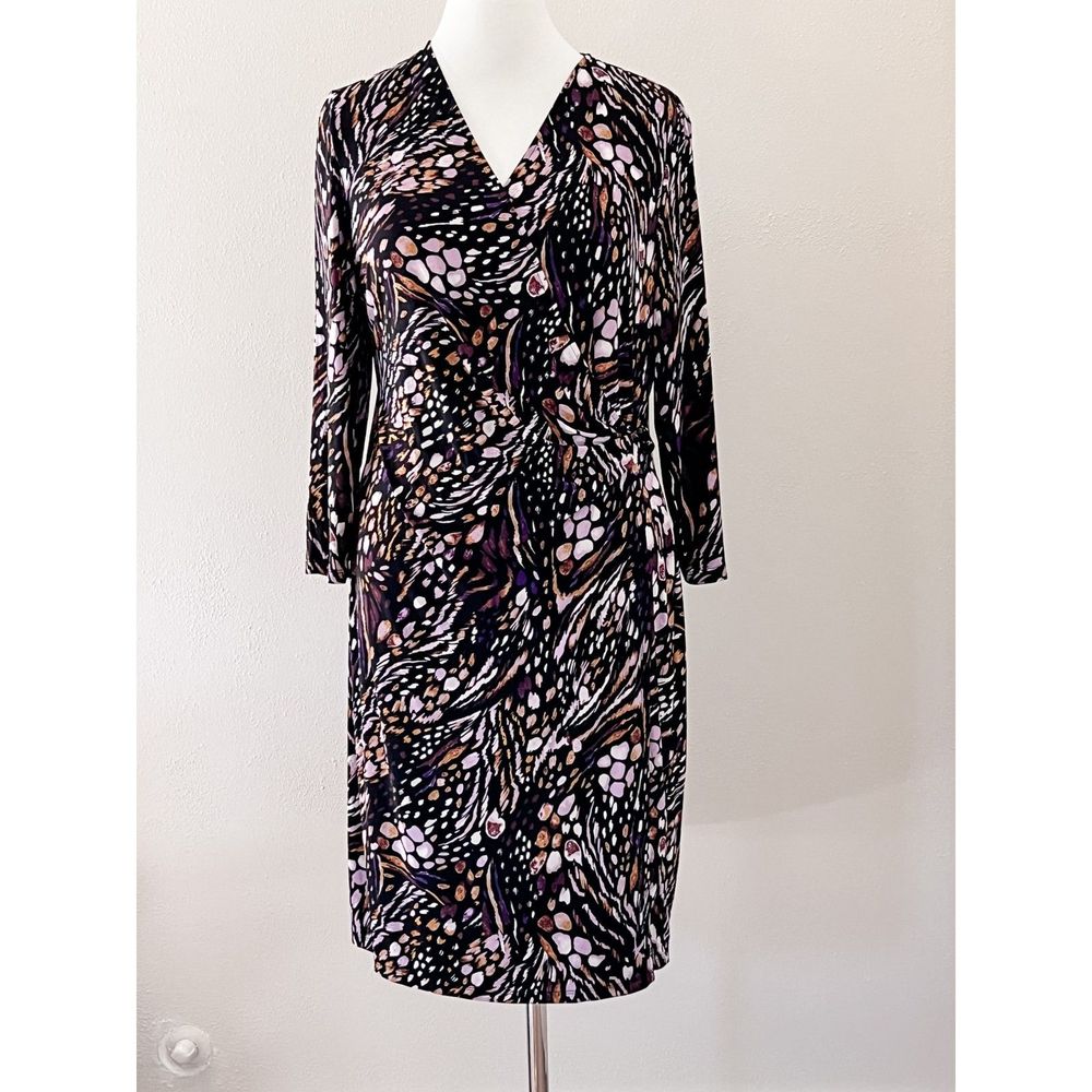 Black Label by Evan-Picone 3/4 Sleeve Printed Wrap Dress Black Pink Purple Sz 18